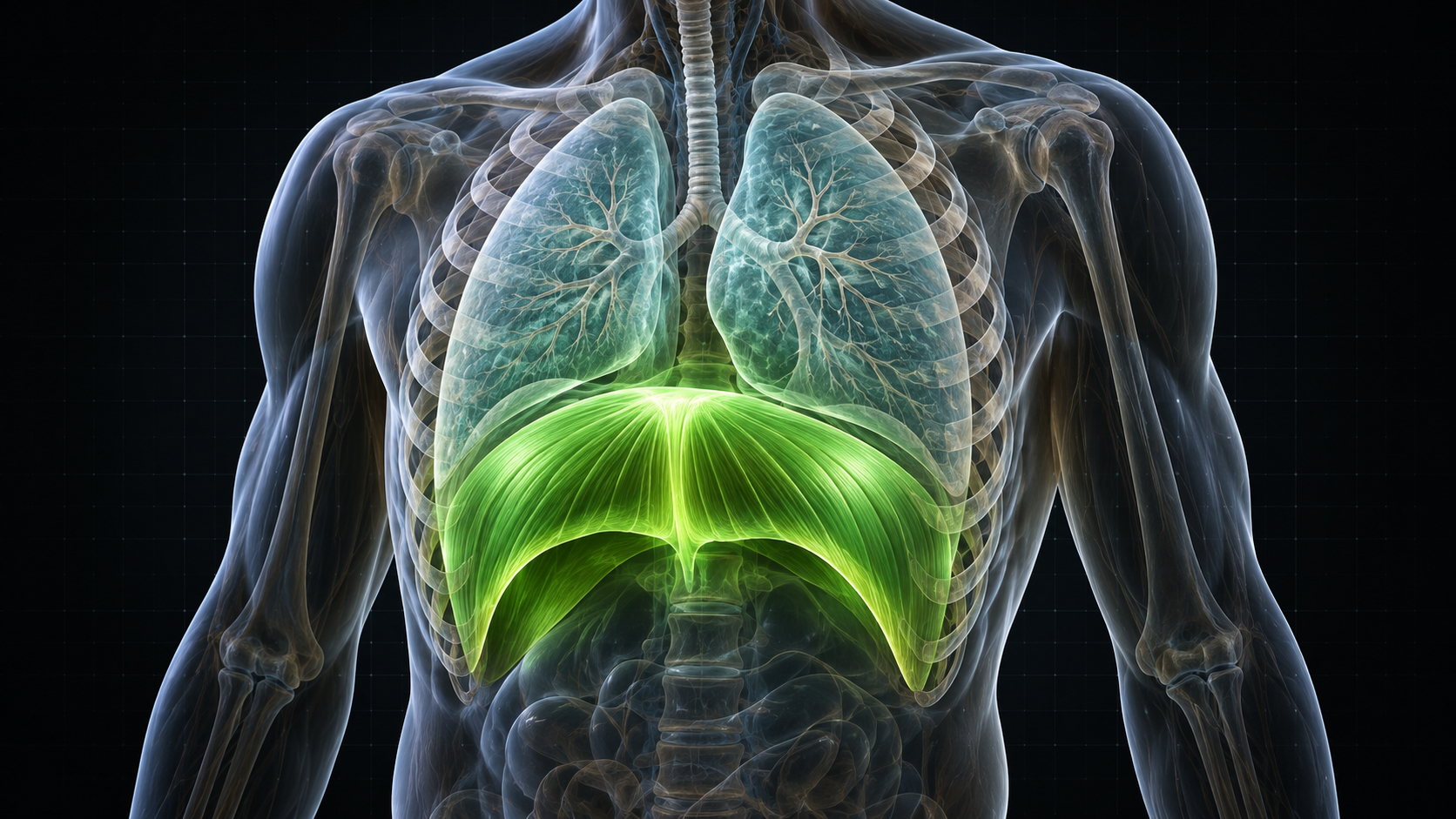 Ilustração do tórax transparente com pulmões em ciano e diafragma em forma de cúpula destacado em verde, logo abaixo dos pulmões.