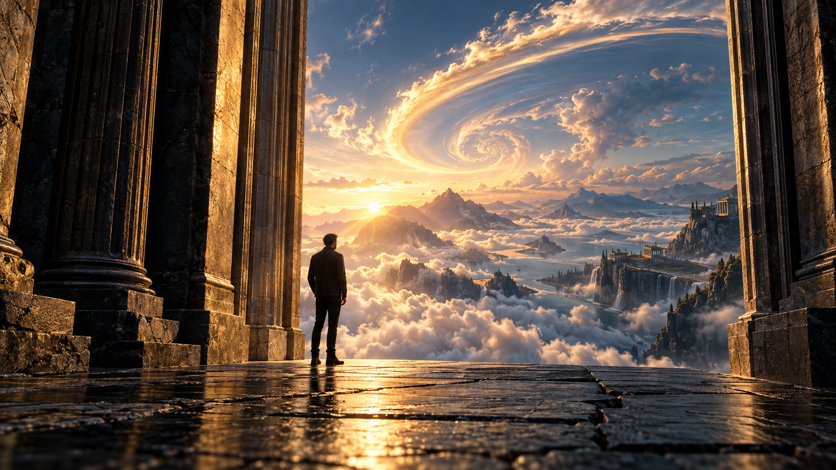 Homem diante de um portal monumental de pedra, contemplando montanhas e um oceano de nuvens sob uma espiral dourada no céu, em uma interpretação visual de A Escola dos Deuses.