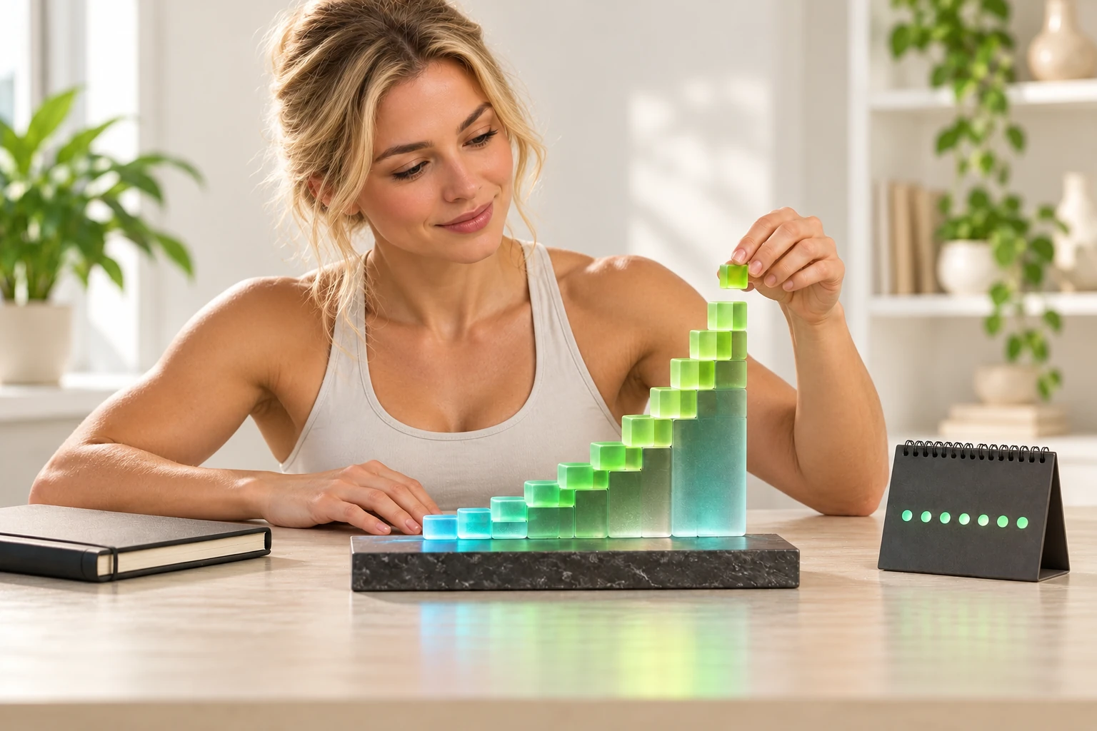 Imagem conceitual gerada por IA de uma mulher loira e atlética, serena e sorridente, acrescentando uma peça a uma curva de blocos verdes em um ambiente claro, com um calendário de prática diária ao lado.