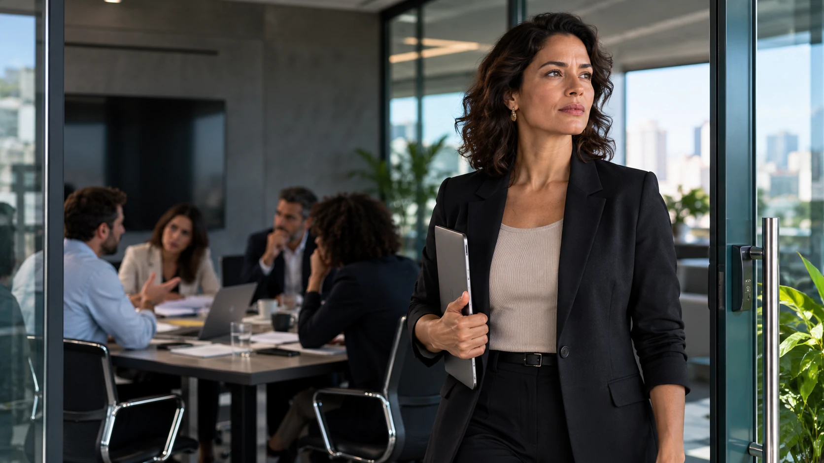 Mulher de expressão calma e firme junto à porta aberta de uma sala de reunião, com documentos e um laptop ao fundo.