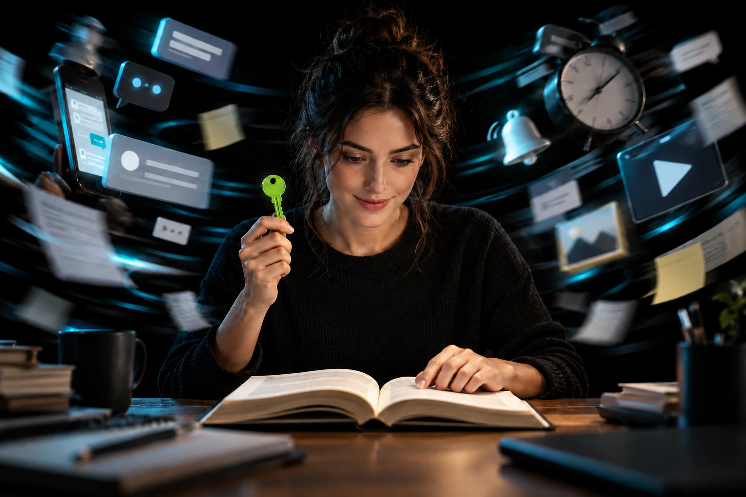 Imagem conceitual gerada por IA de uma mulher focada e sorrindo durante a leitura, segurando uma chave verde enquanto notificações e outras distrações passam ao redor.