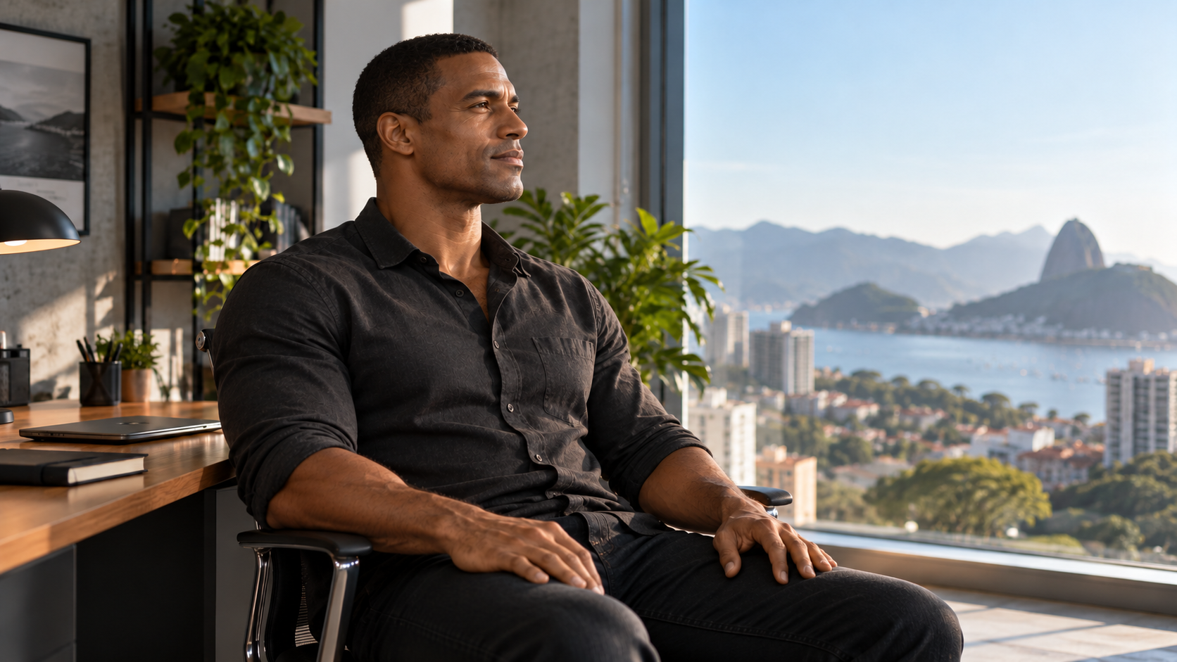 Imagem conceitual gerada por IA de um homem sentado em uma pausa no trabalho, com postura relaxada e olhar atento para a luz da janela.